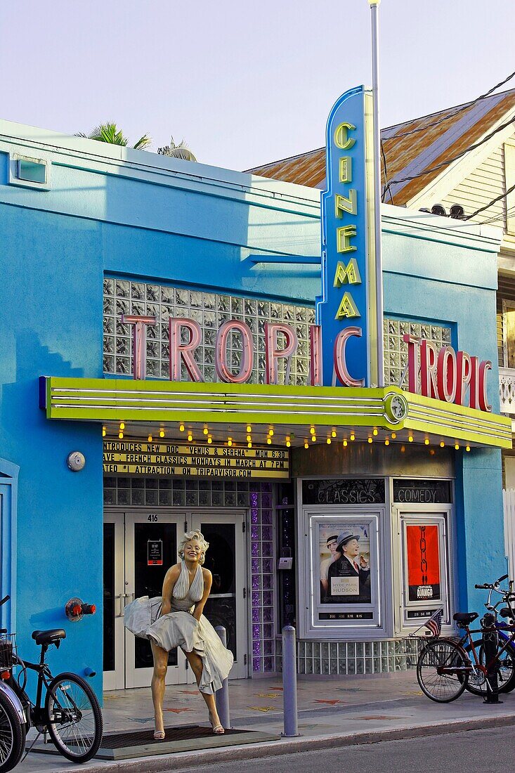 Key West Florida USA classic restored Tropic Cinema with Marilyn Monroe statue in historic district.