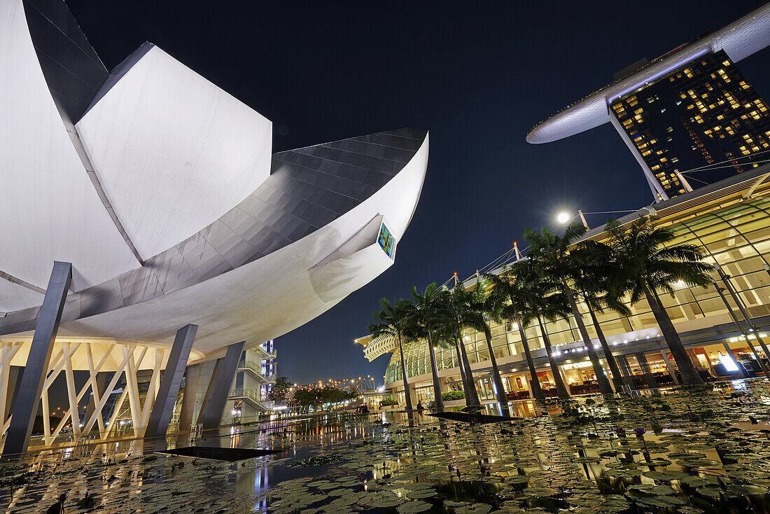 The flower shaped Art Science Museum located in the Marina Bay Sands Complex. In the right had side of the image The Shoppes, an upper scale luxury shopping mall and the Marina Bay Sands Hotel. Singapore.