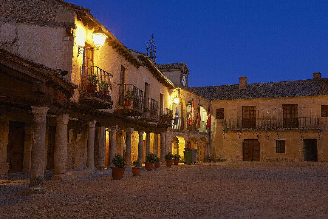 Plaza Mayor (Main Square) at dusk, Pedraza, Segovia Province, Castille Leon, Spain.