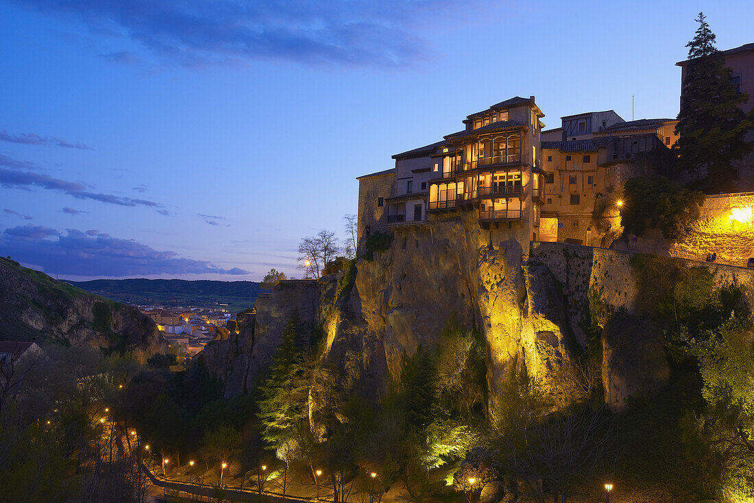 Cuenca, Casas Colgantes, Hanging houses at dusk, UNESCO World Heritage Site. Castilla-La Mancha. Spain.