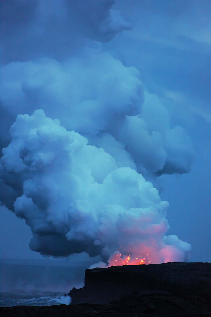 Steam And Explosion From The Lava Flow Of Kilauea Flowing Into The Ocean On The Big Island Of Hawaii