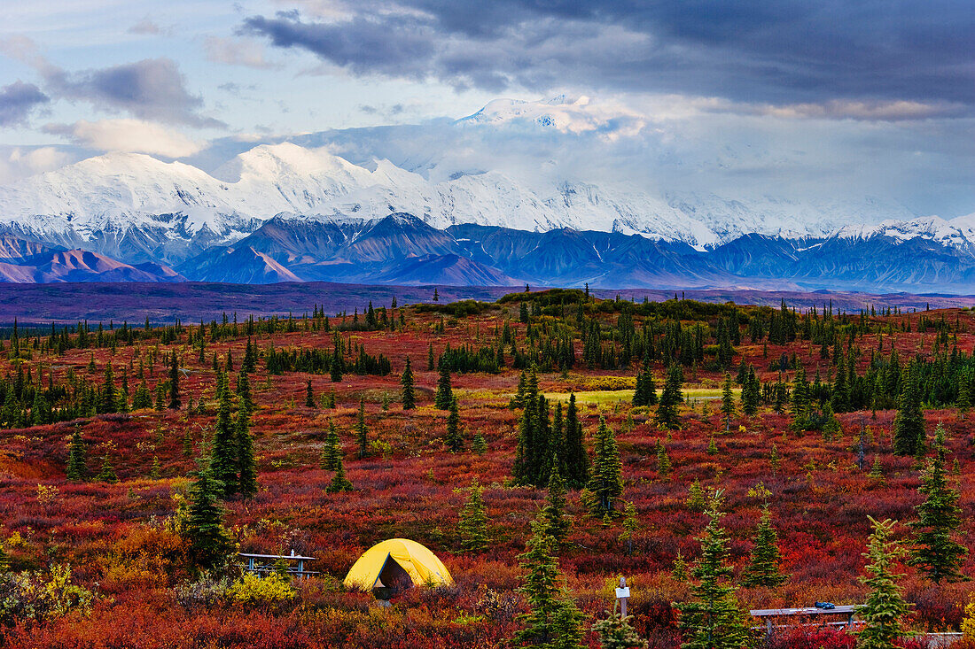 Tent At Wonder Lake Campground, Mount Mckinley And Alaska Range In Background, Denali National Park, Alaska