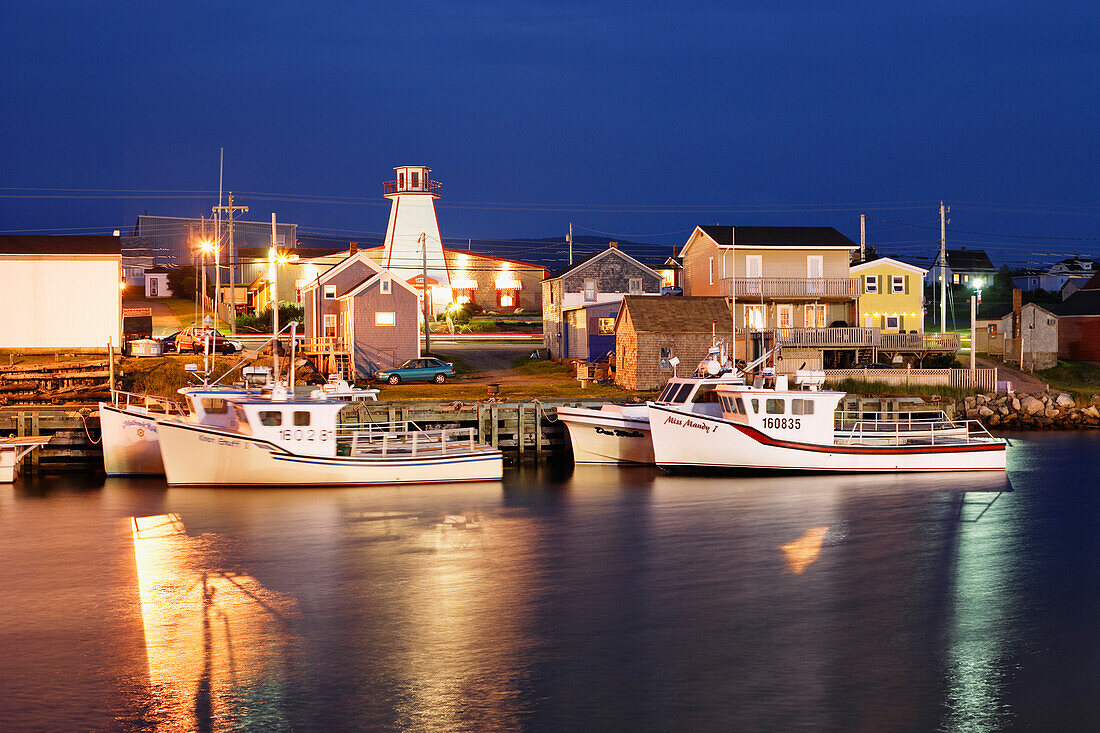 Boats And Village At Twilight, Cheticamp, Cape Breton Island, Nova Scotia