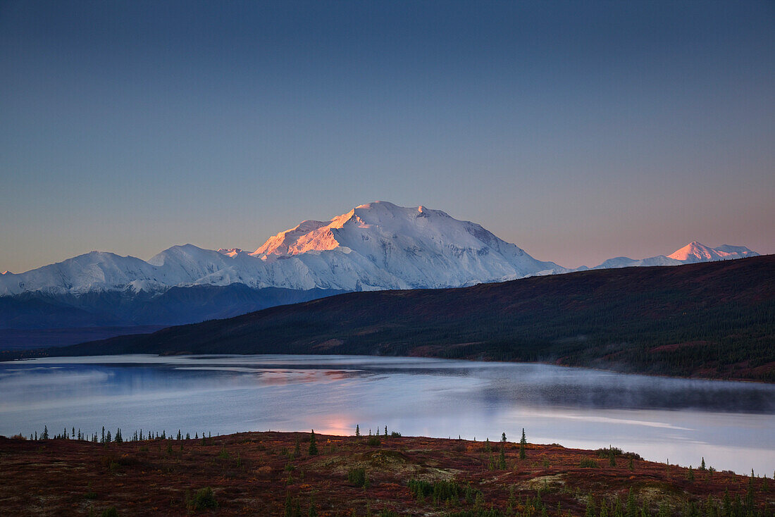 Scenic Landscape Of Mt. Mckinley And Wonder Lake In The Morning, Denali National Park, Interior Alaska, Autumn. Hdr
