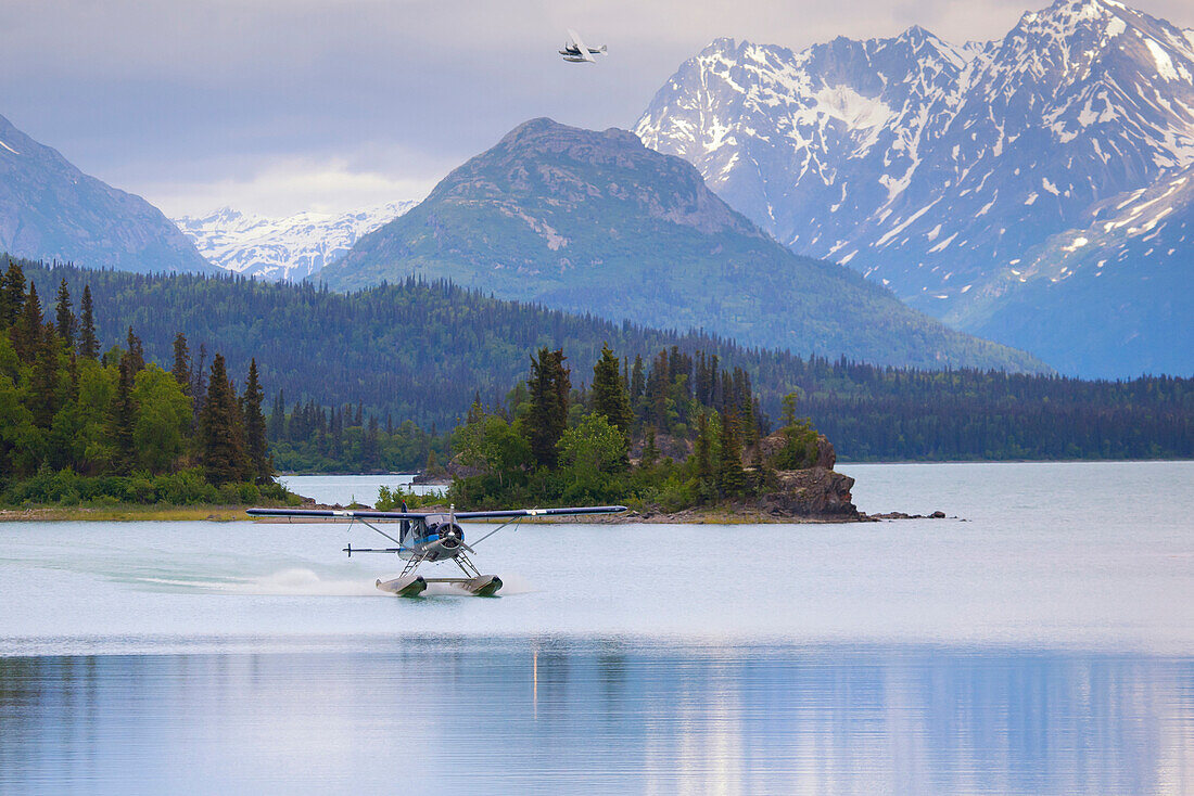 Dehavilland Beaver Float Plane On Lake Clark With A Cessna Super Cub Behind It Coming In For A Landing, Lake Clark National Park, Southcentral Alaska, Summer