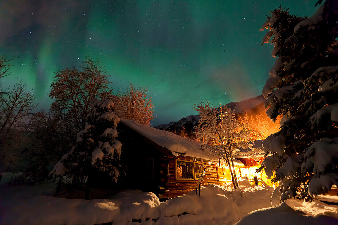 Aurora Borealis (Northern Lights) Over The Eagle River Nature Center And Chugach Mountains, Southcentral Alaska, Winter