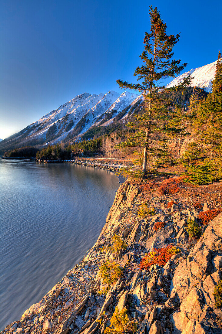 Scenic View Of The Hope Highway Along Turnagain Arm At Sunrise, Kenai Peninsula, Southcentral, Alaska, Spring, Hdr