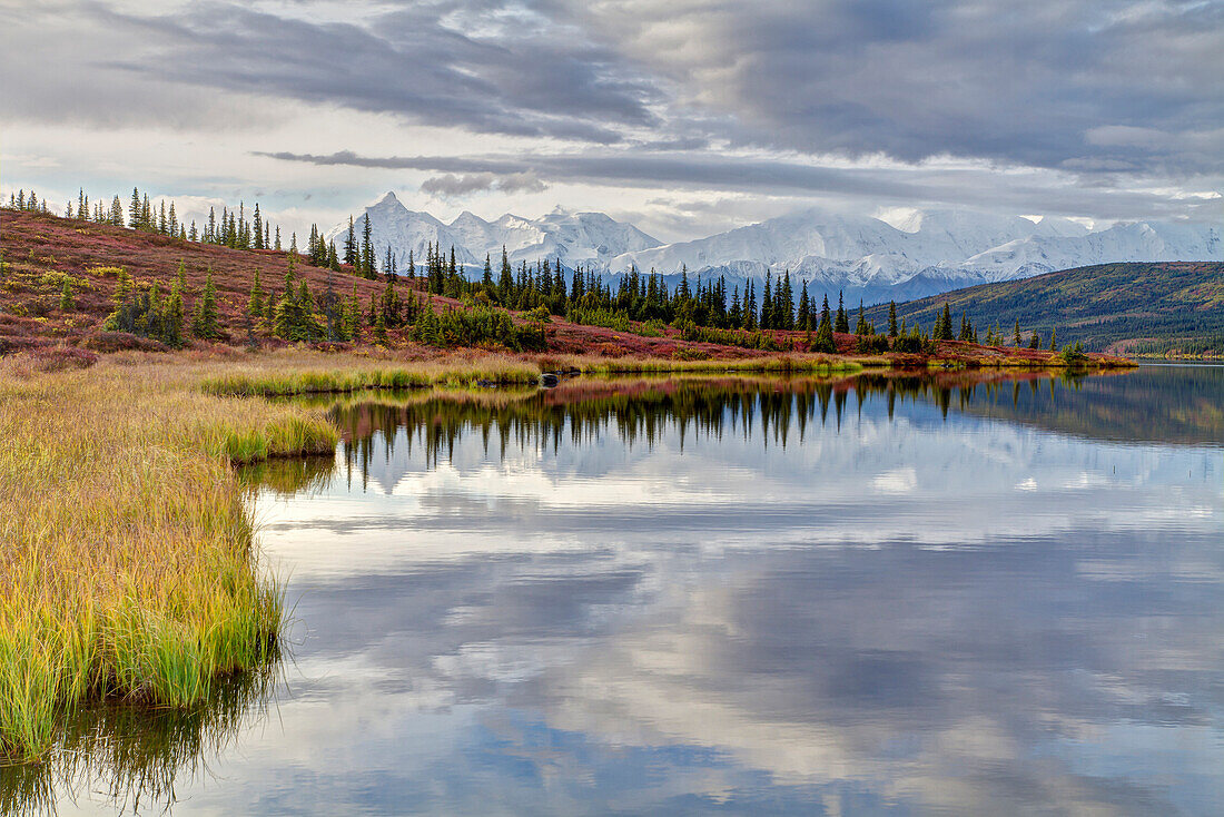 Scenic Of Wonder Lake With Snow Covered Mt. Brooks And The Alaska Range In The Background, Denali National Park & Preserve, Interior Alaska, Autumn, Hdr