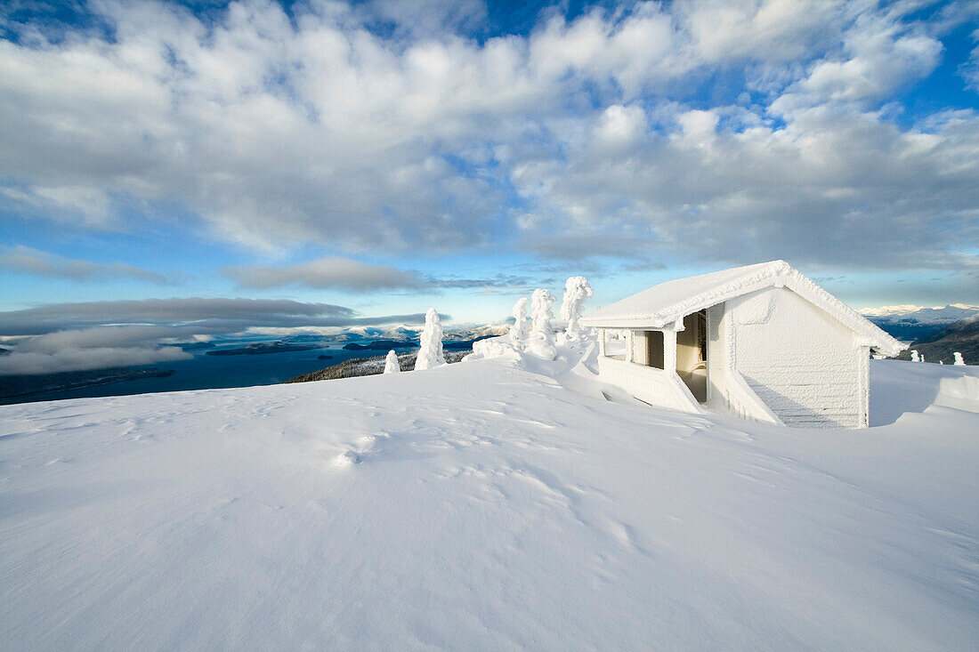 Winter Scenic Of The Forest Service North Wrangell High Country Shelter With Zimovia Strait In The Background, Wrangell Island, Alaska