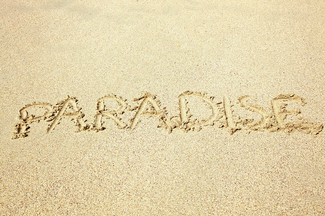 'The word paradise written in the sand; Hawaii, United States of America'
