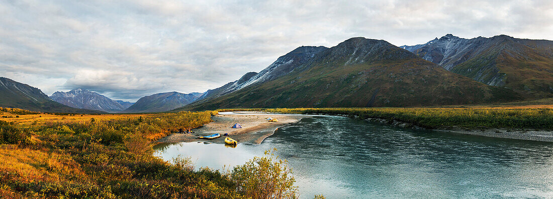 Panorama Of Rafters Camping Off Noatak River In The Brooks Range, Gates Of The Arctic National Park, Northwestern Alaska, Above The Arctic Circle, Arctic Alaska, Summer.