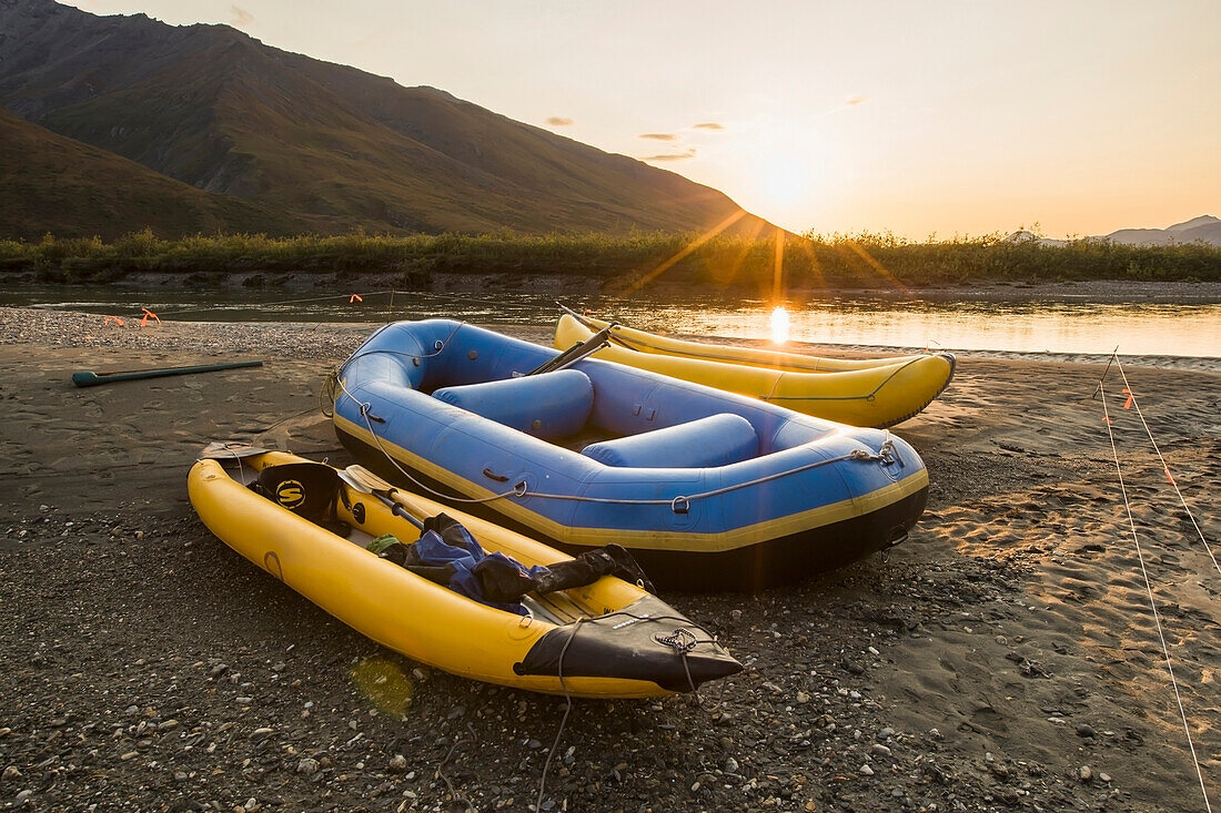 Rafts On Shore Of Noatak River In The Brooks Range, Gates Of The Arctic National Park, Northwestern Alaska, Above The Arctic Circle, Arctic Alaska, Summer.