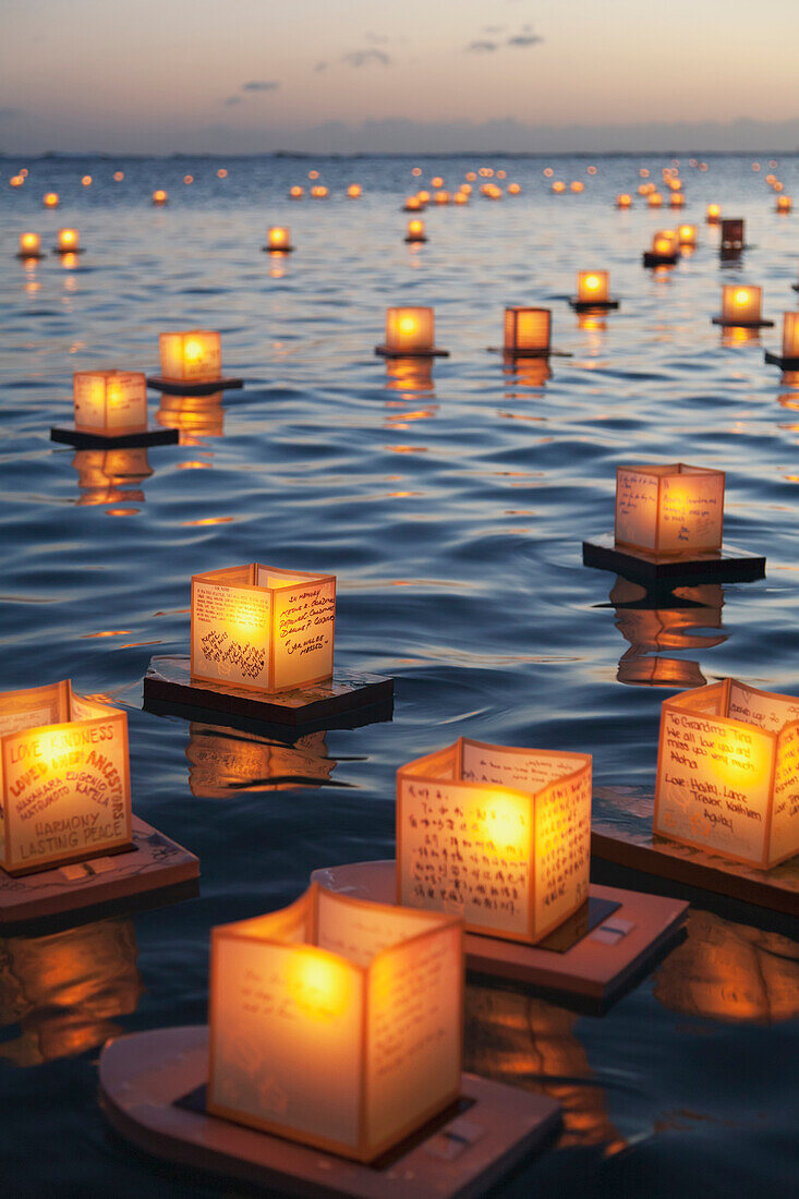 'Annual lantern floating ceremony during sunset at Ala Moana; Oahu, Hawaii, United States of America'