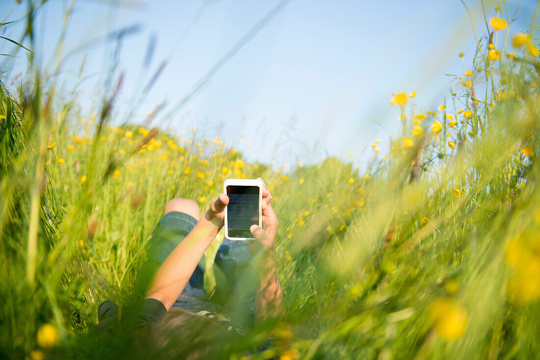 Boy lying in long grass playing on smartphone