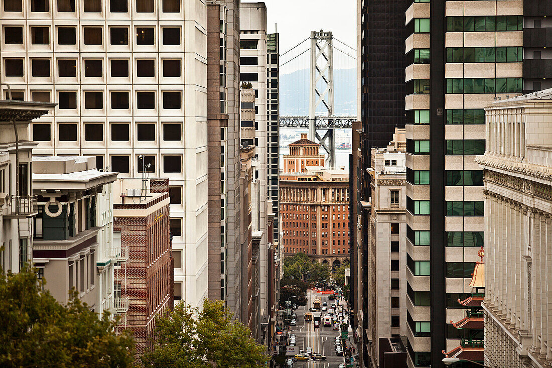 Looking down California Street to San Francisco–Oakland Bay Bridge, San Francisco, California, USA