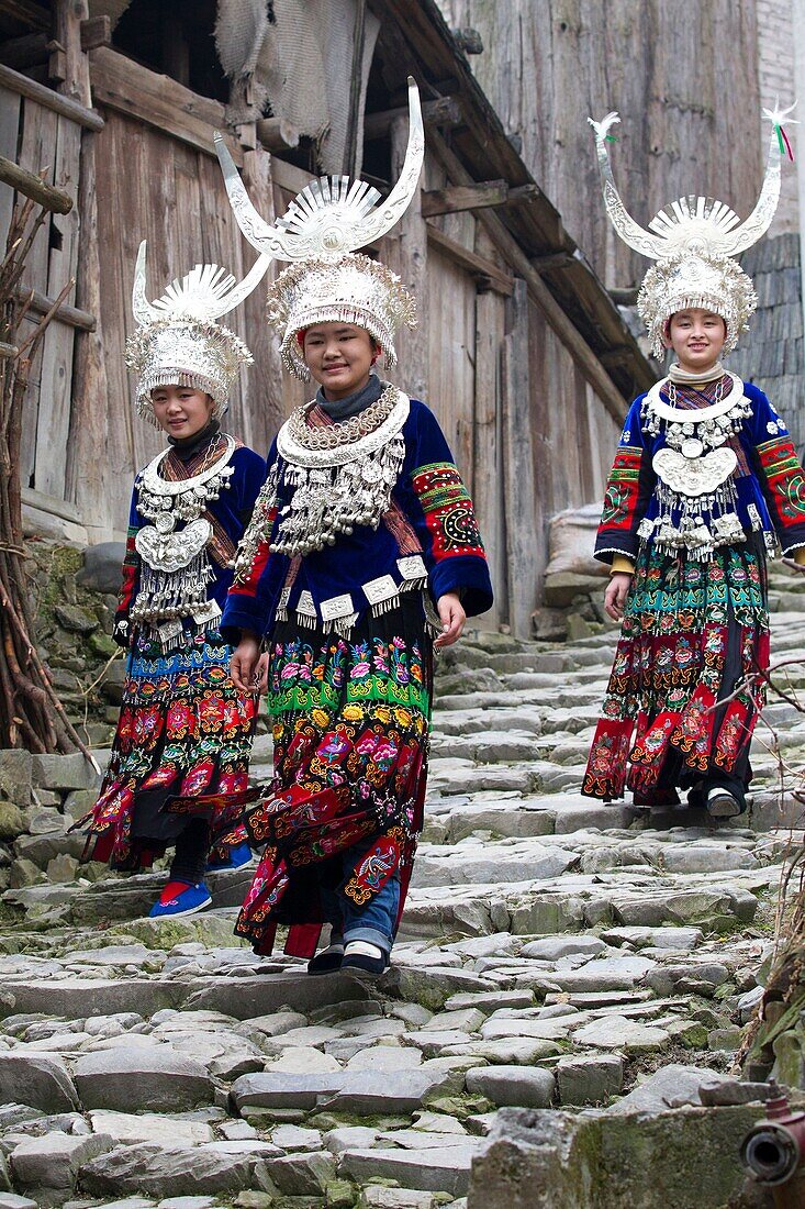 China ,Guizhou province , Langde village , Long Skirt Miao people in traditional dress.