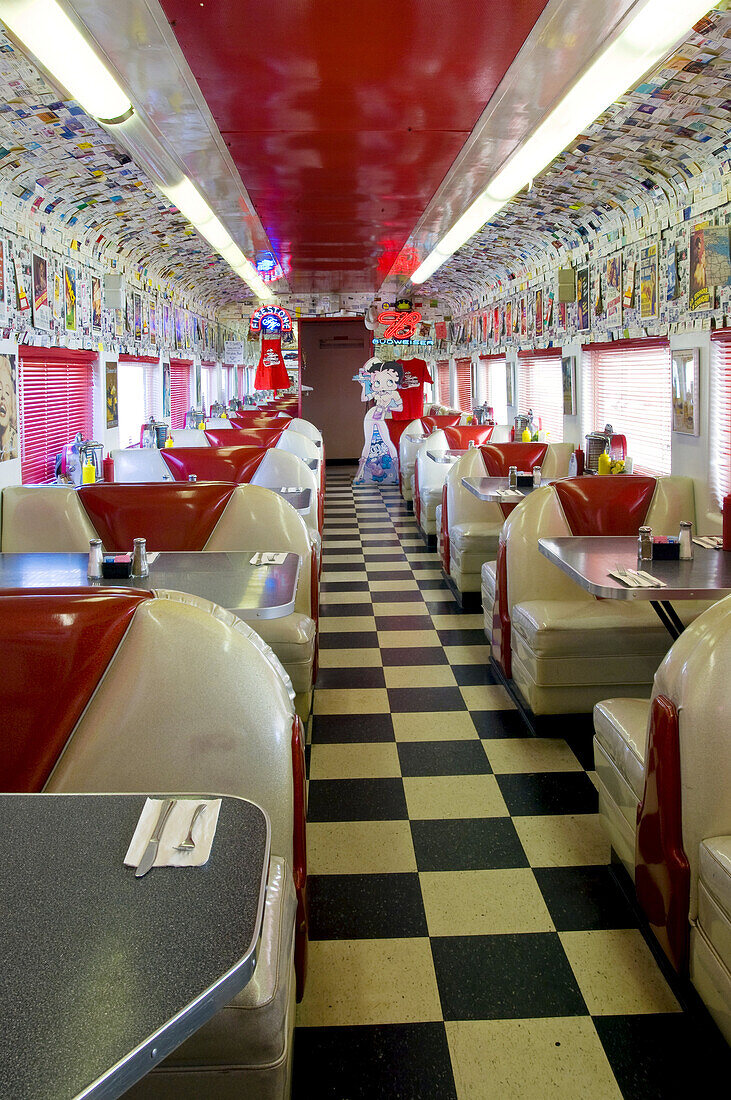 1950's style Rock n' Roll Diner in an old converted train car coach, Oceano, California.