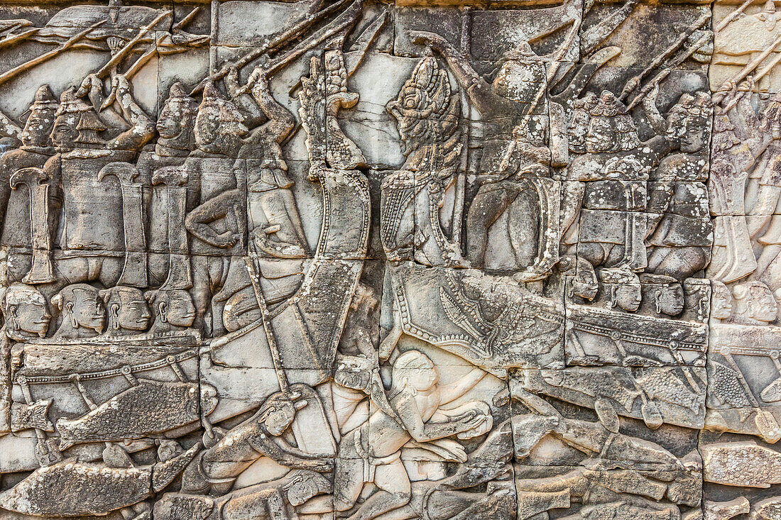 Bas-relief carvings in Bayon Temple in Angkor Thom, Angkor, UNESCO World Heritage Site, Siem Reap Province, Cambodia, Indochina, Southeast Asia, Asia