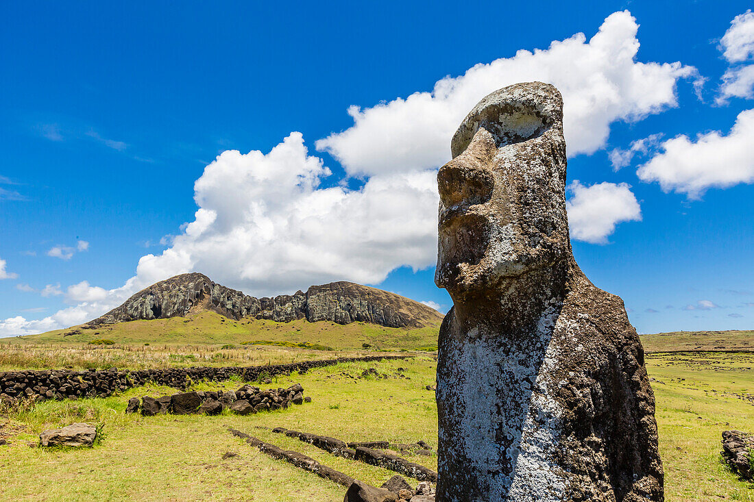 Single moai statue guards the entrance at the 15 moai restored ceremonial site of Ahu Tongariki on Easter Island (Isla de Pascua) (Rapa Nui), UNESCO World Heritage Site, Chile, South America