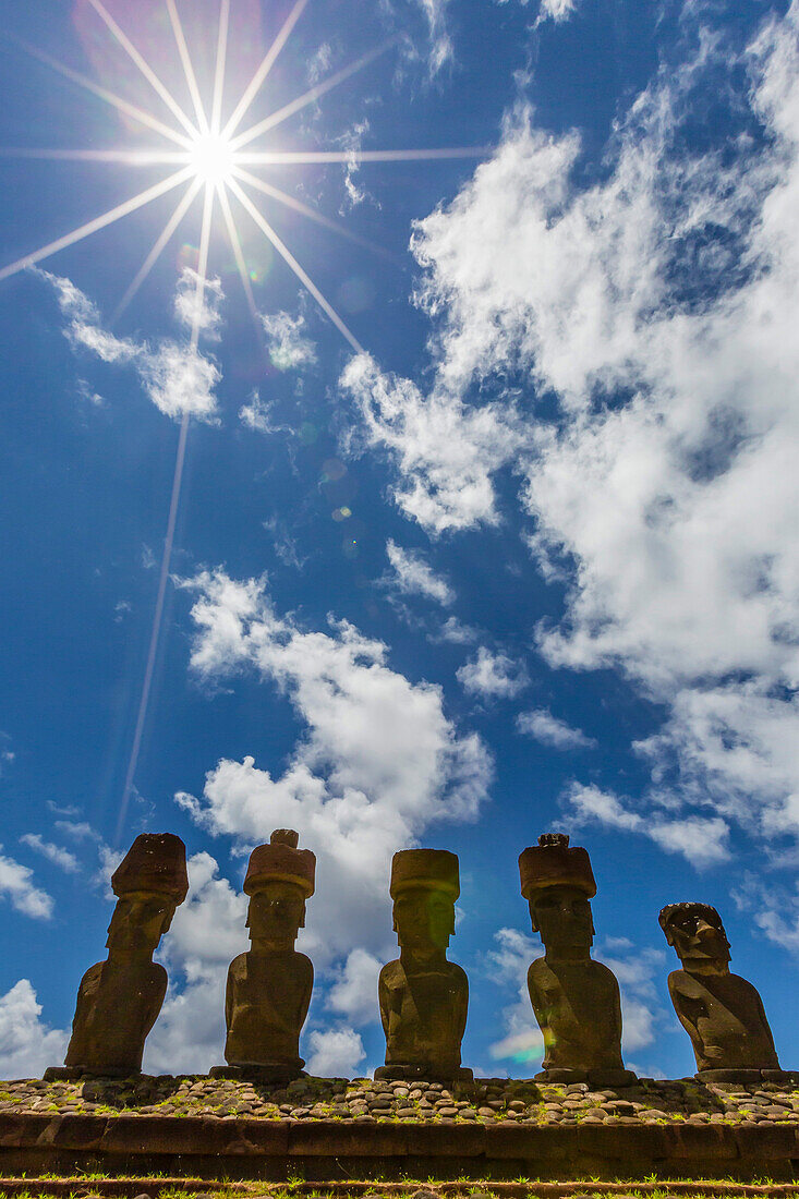 Moai with scoria red topknots at the restored ceremonial site of Ahu Nau Nau on Easter Island (Isla de Pascua) (Rapa Nui), UNESCO World Heritage Site, Chile, South America