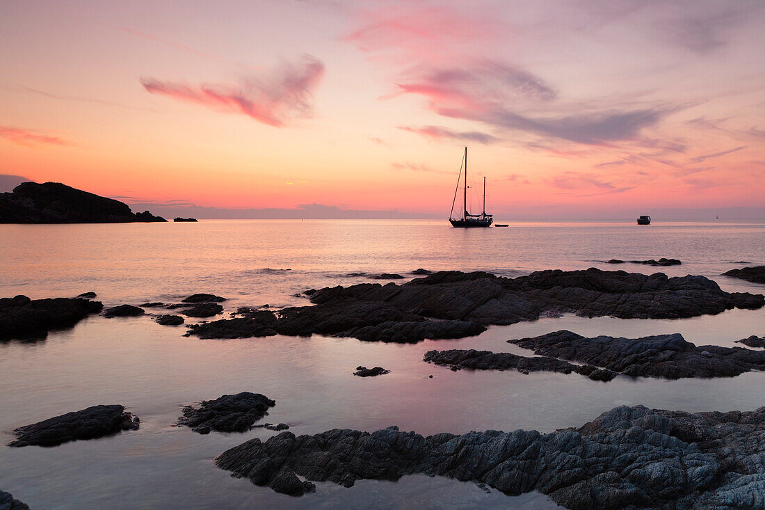 Sunset at the coast near Centuri Port, Corsica, France, Mediterranean, Europe