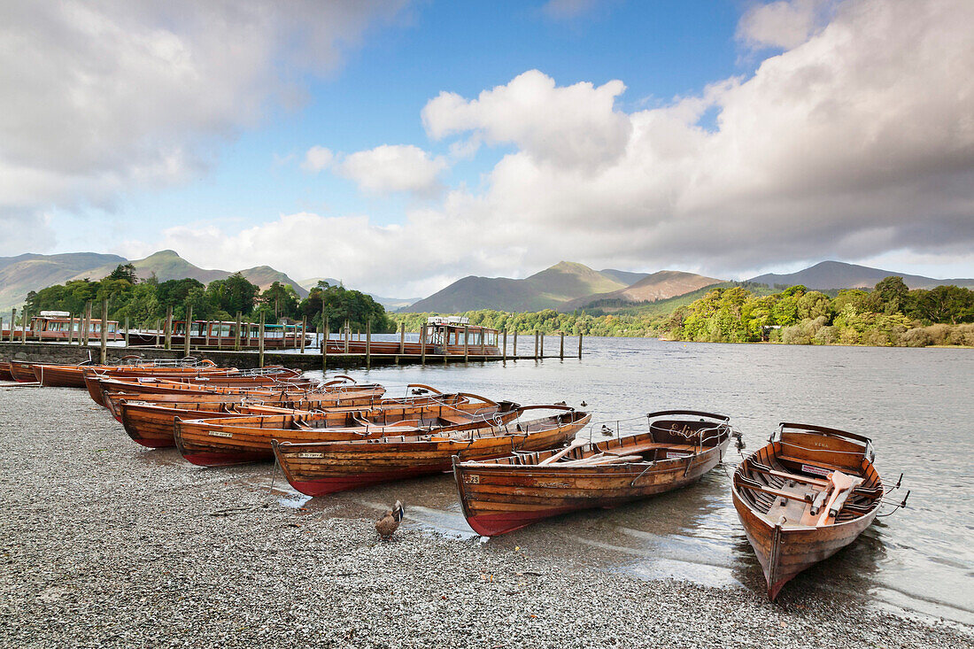 Rowing boats on Derwent Water, Keswick, Lake District National Park, Cumbria, England, United Kingdom, Europe