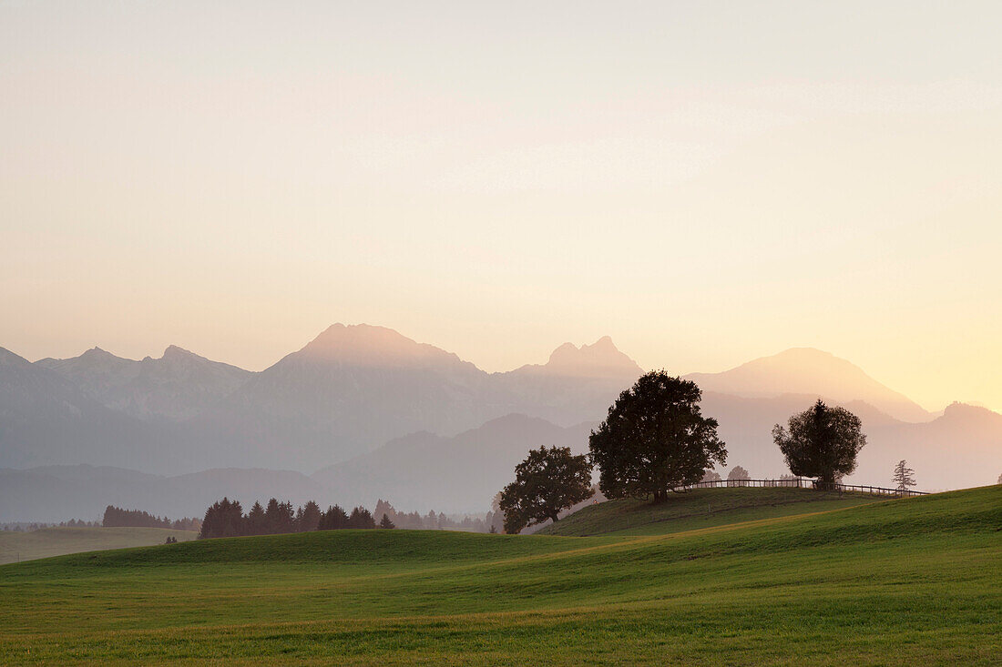 Prealps landscape at sunset, Fussen, Ostallgau, Allgau, Allgau Alps, Bavaria, Germany, Europe