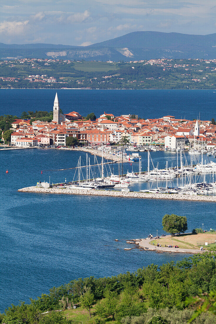 High angle view of the old town and the harbour of Izola, Primorska, Istria, Slovenia, Europe