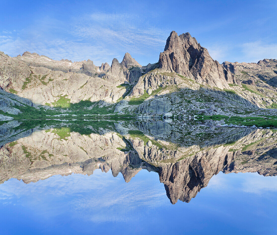 Pic Lombarduccio reflecting in Lac de Melo, Gorges de la Restonica, Haute Corse, Corsica, France, Europe
