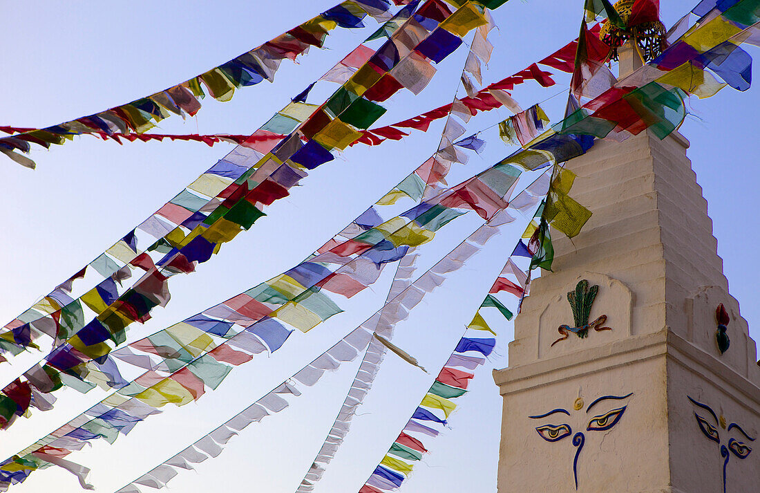 Stupa and prayer flags in the Whochen Thokjay Choyaling Monastery, Swayambhu, Nepal, Asia