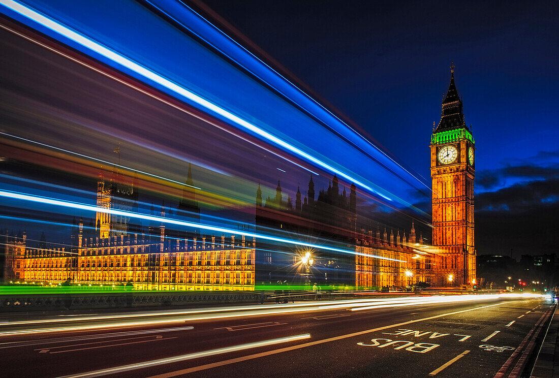 Long exposure view of traffic by Big Ben, London, United Kingdom, London, London, United Kingdom