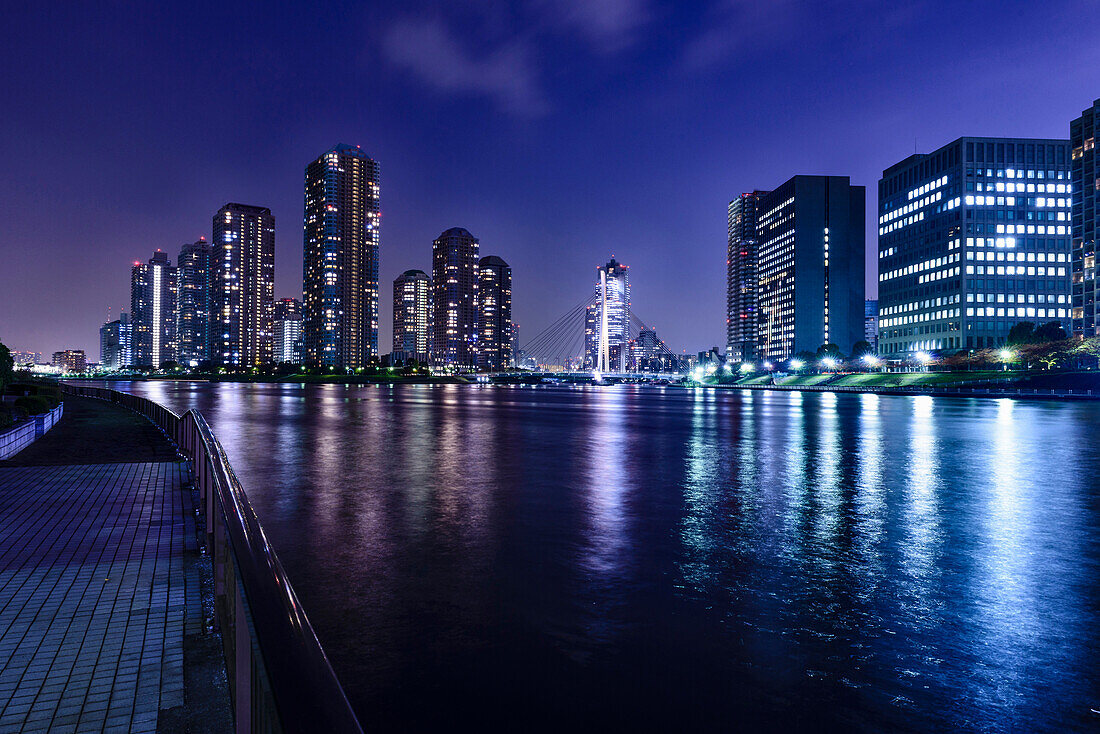 Silhouette of Tokyo skyline lit up at night, Tokyo, Japan, Koto, Tokyo, Japan