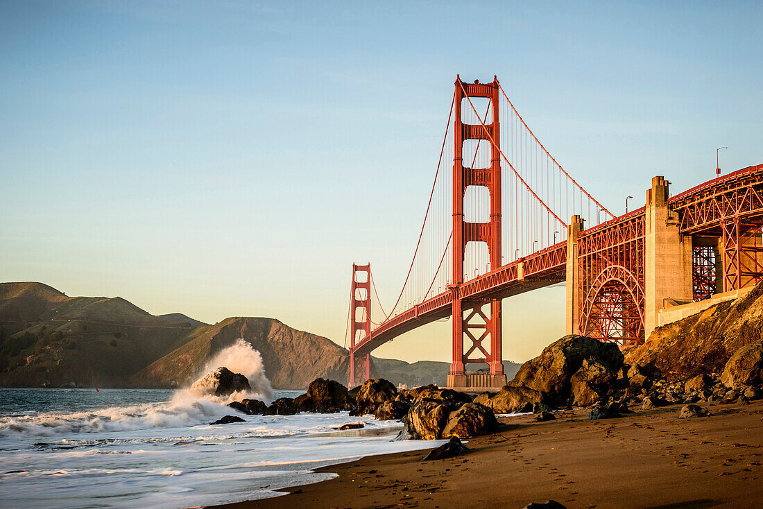 View of Golden Gate Bridge from beach, San Francisco, California, United States, San Francisco, California, United States
