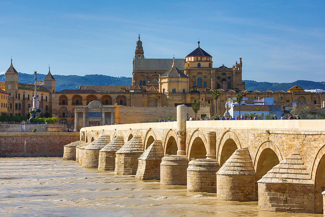 Spain, Andalucia Region, Cordoba Province, Cordoba City, (W.H.) The Roman Bridge and Cordoba Mosque, Guadalquivir River