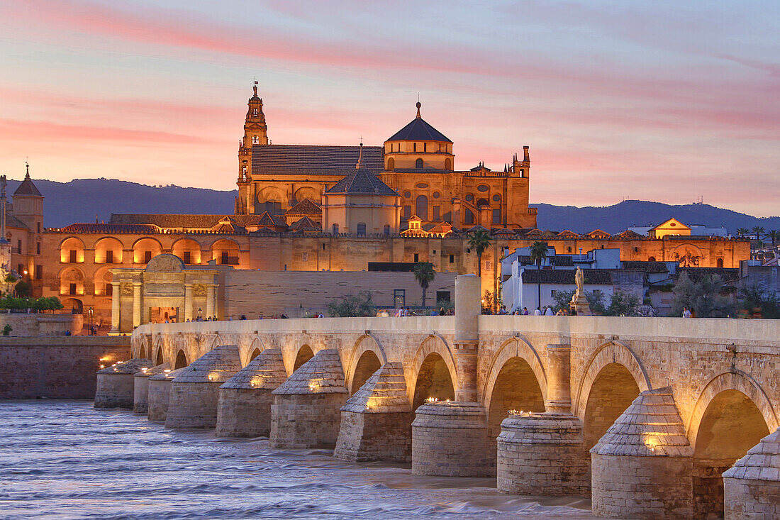 Spain, Andalucia Region, Cordoba Province, Cordoba City, (W.H.) The Roman Bridge and Cordoba Mosque, Guadalquivir River