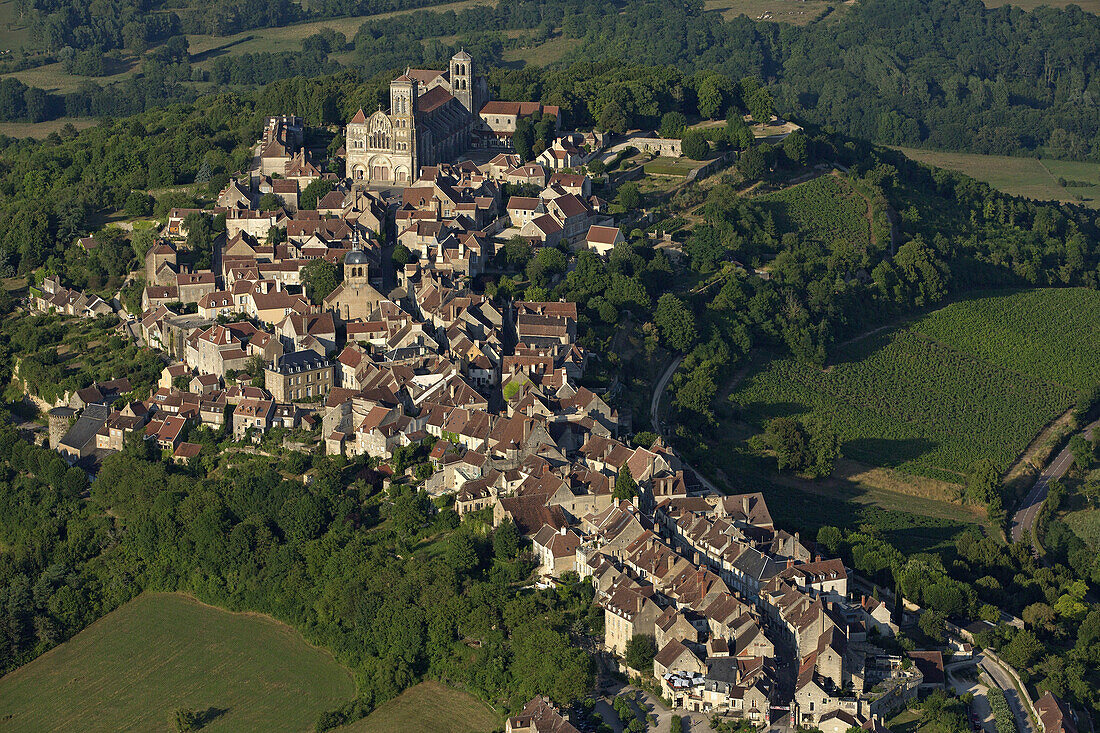 France, Yonne (89), Vezelay village dominated by the Romanesque Basilica of St. Mary Magdalene (aerial)