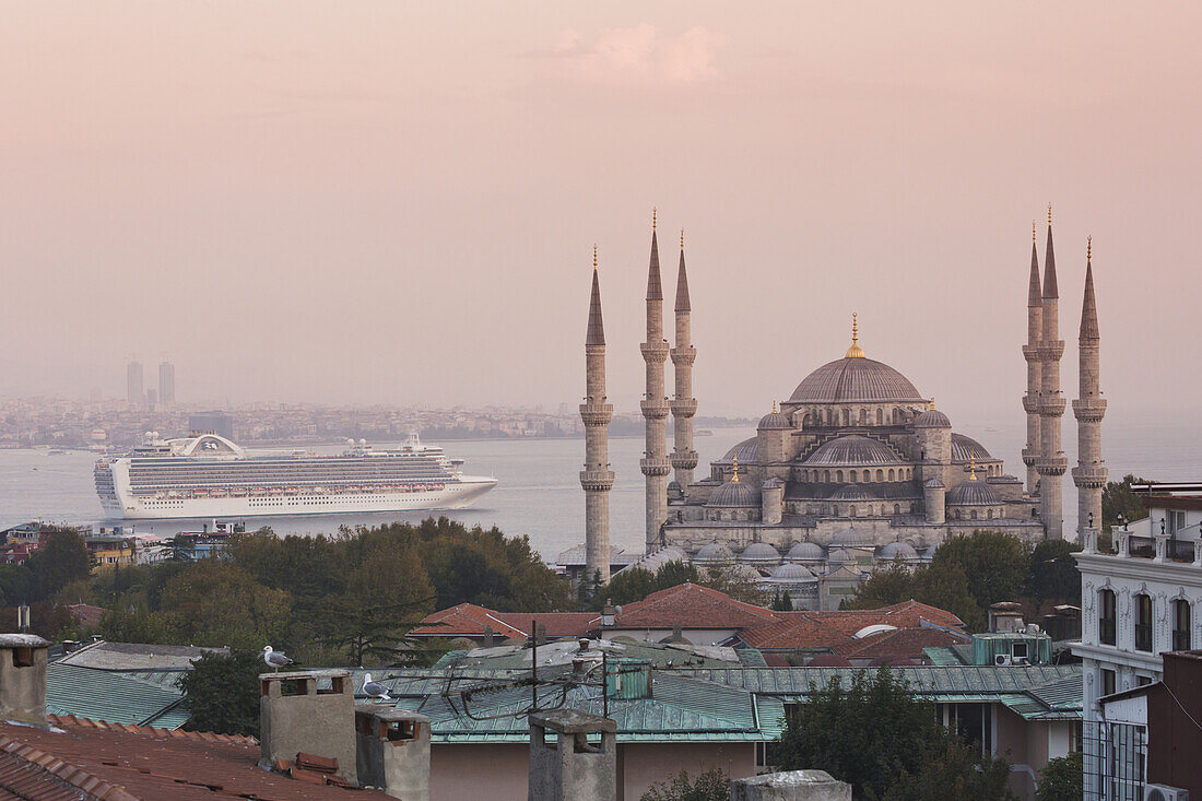 'Blue Mosque With A Cruise Ship In The Bosphorus In The Background; Istanbul, Turkey'