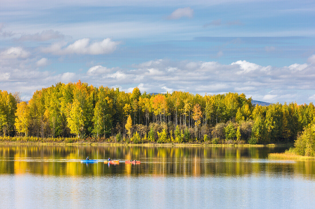 Kayakers Enjoying A Fall Day At The Chena Lakes Recreation Area, Fairbanks, Alaska, Usa