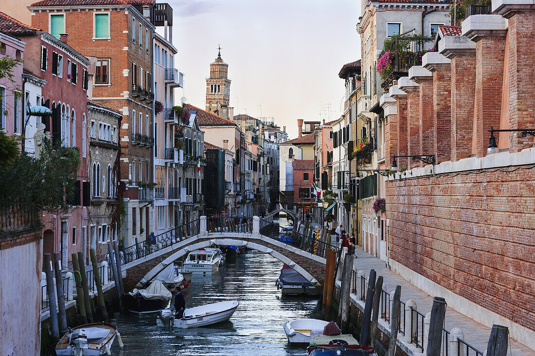 'Boats In A Canal And A Bridge Going Over; Venice, Italy'