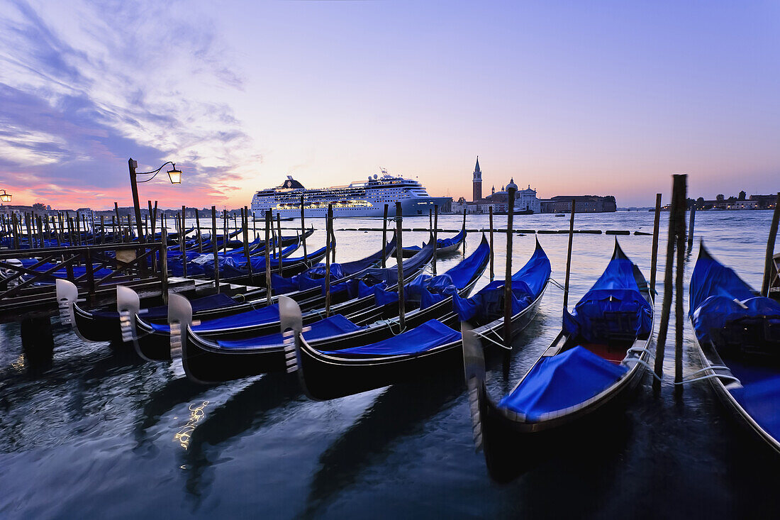 'Gondolas, Cruise Ship And San Giorgio Maggiore Church At Dawn; Venice, Italy'