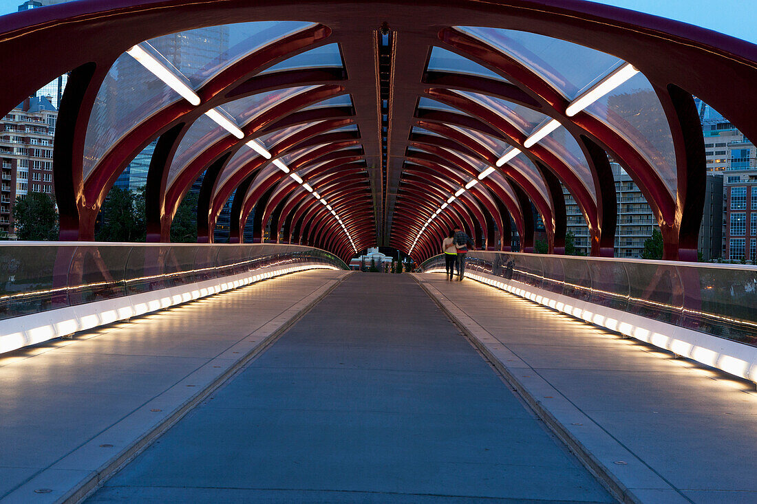 'Red Bridge At Night With Lights; Calgary, Alberta, Canada'
