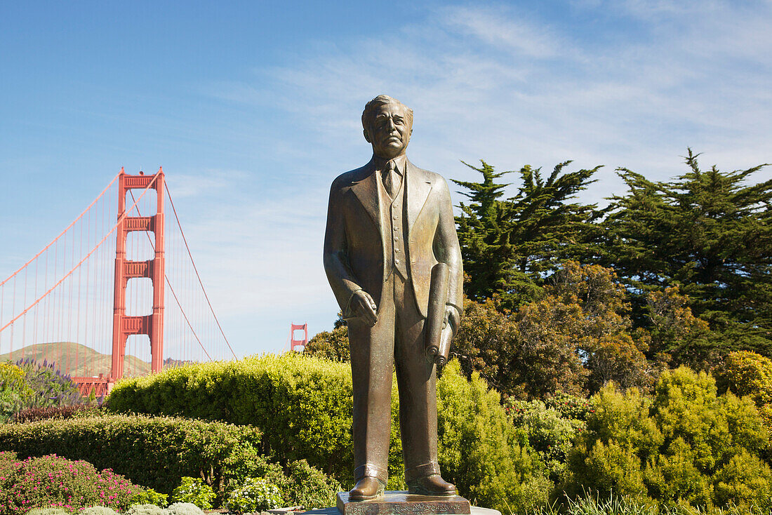 'Statue Of Joseph B. Strauss By The  Golden Gate Bridge; San Francisco, California, Usa'