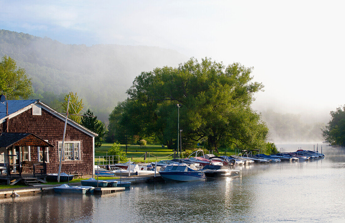 'Boats In The Early Morning Mist; North Hatley, Quebec, Canada'
