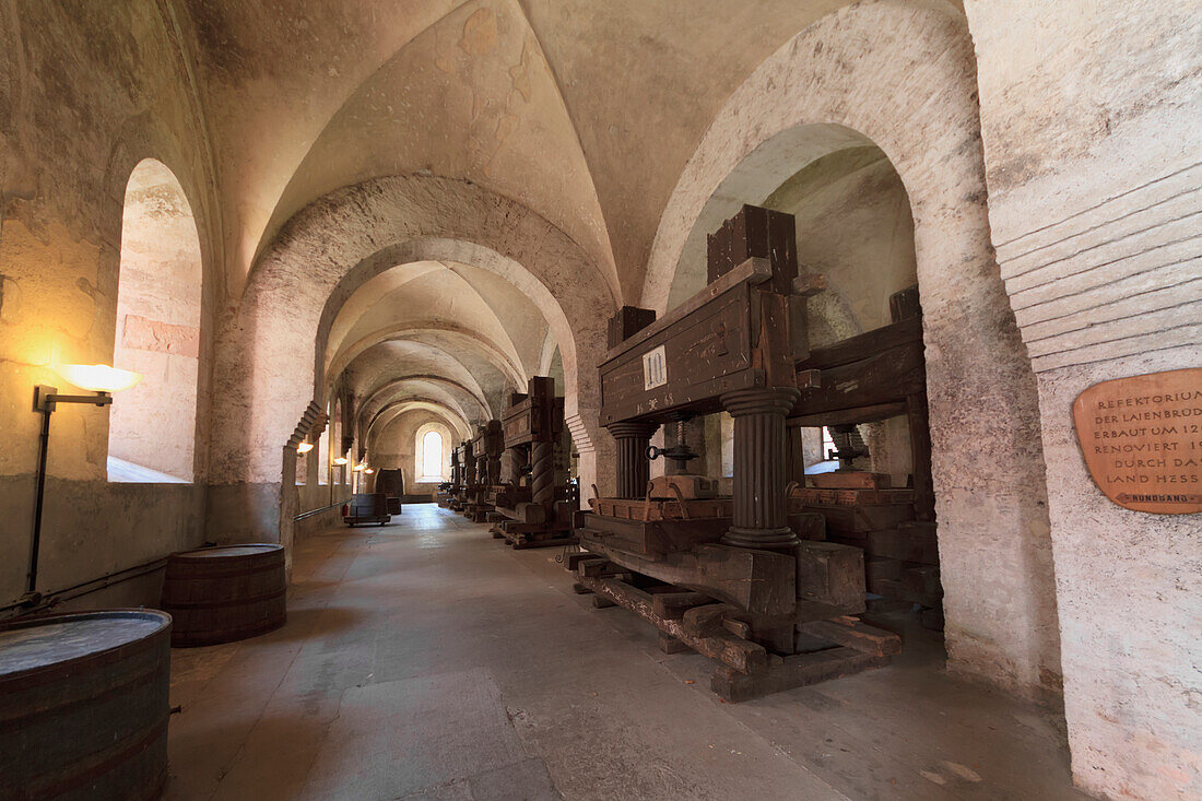 Ancient wine presses in the Refectory of Eberbach Abbey, Germany