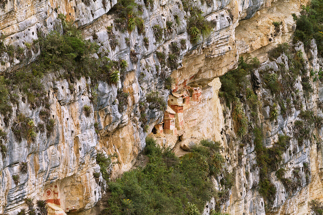 Chullpas (stone tomb chambers) of the Chachapoya culture nestled in the limestone cliffs of Cerro Carbón overlooking the Utcubamba River, Revash, Amazonas, Peru