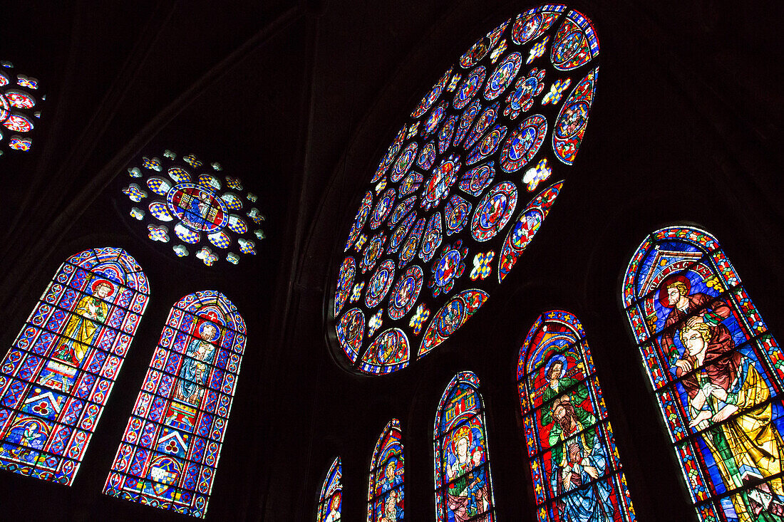 Detail of the rosace window in the south transept, saint mark carried by saint daniel, interior of the our lady of chartres cathedral, listed as a world heritage site by unesco, eure-et-loir (28), france