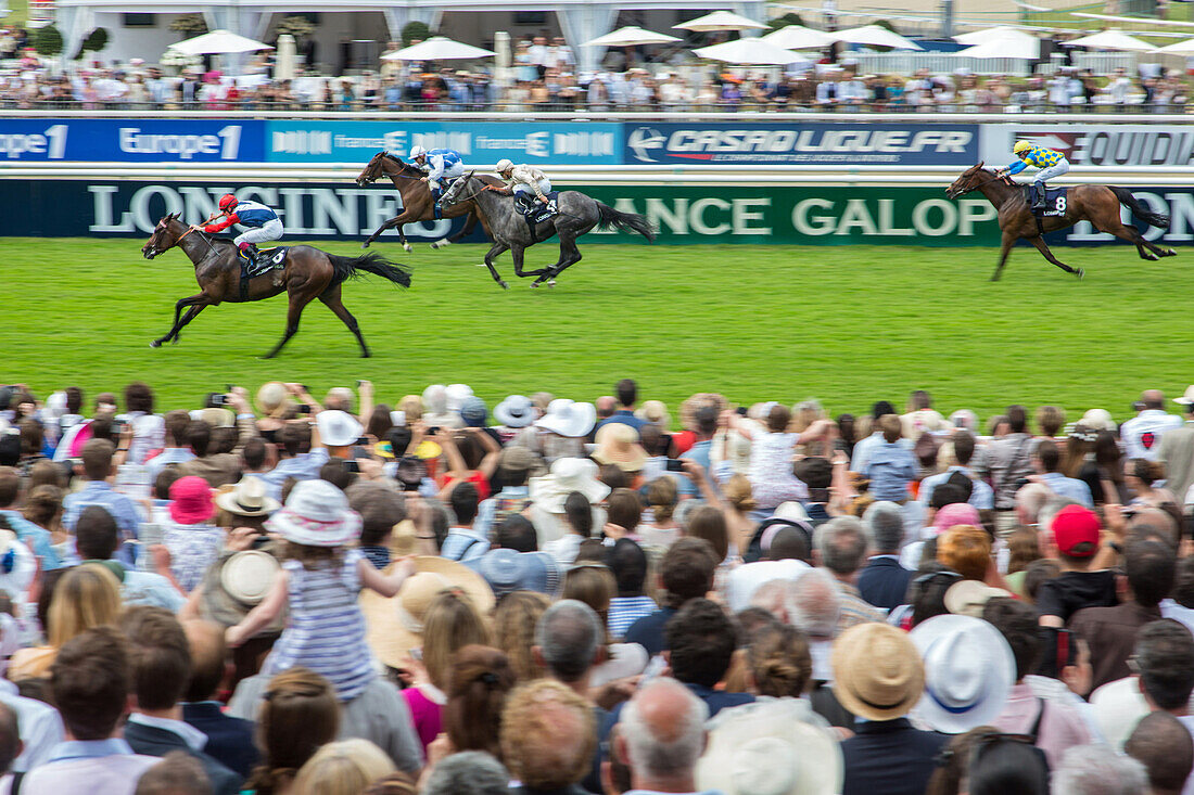 Finish line at the 2013 prix de diane longines horse race, chantilly racecourse, oise (60), france