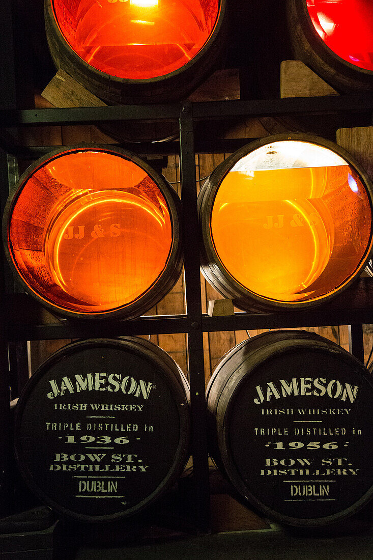 Casks and barrels of irish whiskey, the old jameson distillery, the old whiskey distillery, bow street, dublin, ireland