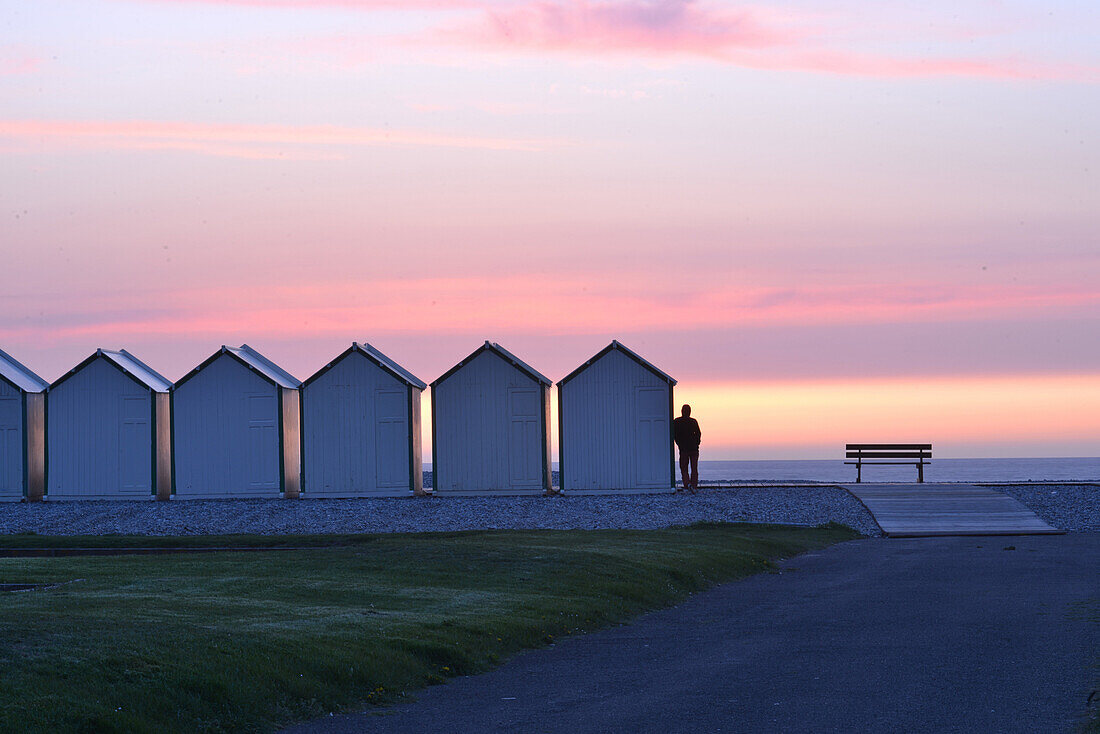 Beach huts at sunset, cayeux-sur-mer, somme (80), picardie, france
