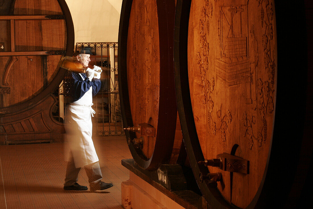 Oak vats called foudres in the wine cellars of the champagne cristal roederer, the foudre is a cask with a very high capacity, reims, marne (51), champagne-ardenne, france